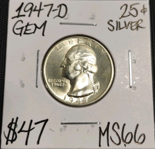 1947-D MS66 Gem Silver Washington Quarter