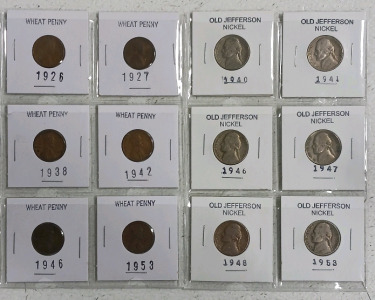 (12) Collectible Coins - (6) Wheat Pennies (6) Jefferson Nickels