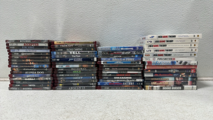 (52) Large Collection of Various Blu-Ray, HD DVD, DVDs, and Games Including: Oceans 13, I Am Legend, Meet Joe Black, Big Bang Theory, Batman Begins, and Much More!
