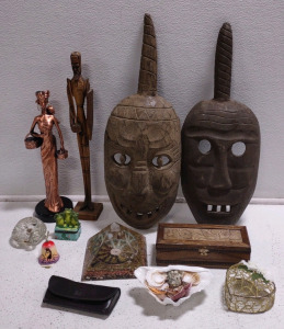 (2) 24" Tribal Shamans Ritual Masks, (1) 15&frac12;" Tall Brass Lady w/ Child, & Much More