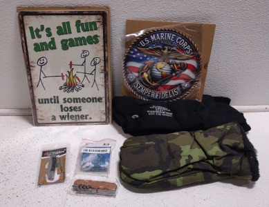 Pair of Shooters Mittens, (1) Pack of 3-US Made 1st Quality Large Black Soxs, (1) "It's All Fun & Games, Until Someone Loses a Wiener" Tin Sign, & Much More