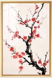 (1) Red Cherry Blossoms - Gold Framed Canvas Wall Art - 12"x18" - $52 Value