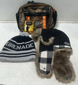 (1) Buck Knives Hunting Scout Pack - RealTree Camo, (1) Waterseals Waterproof Cinch Backpack - RealTree, (1) Woolrich Furry Cap - Black/White, (1) Grenade Pompom Beanie - Grey/Black