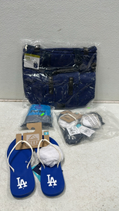 New - (1) Purlei Waterproof/Sandproof Beach Mat Blanket, New - (1) True Saunter Insulated Rucksack Cooler, (2) Reef Size 9 MLB Flip-Flops - Yankees/Dodgers