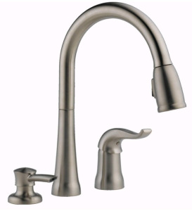 (1) Delta, Kate Kitchen Faucet W/ Pull Down Sprayer & Soap Dispenser, Stainless Steel