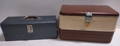 19&frac14;"x 7"x 7&frac12;" Vintage Metal Toolbox & a 20"x 11"x 11&frac12;" Vintage Little Brown Metal Tackle Box Chest