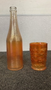 Vintage Marigold Apple Tree Carnival Glass Tumbler and Canadian Dry Ginger Ale Advertising Bottle