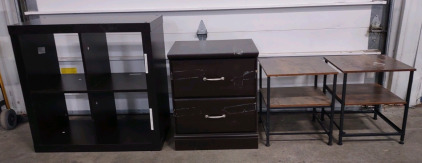 31"x 15&frac12;"x 31" Dark Wood Storage Shelf, 20"x 16&frac14;"x 24" Dark Wood Night Stand, & (2) Matching 2-Teir Shelf End Tables