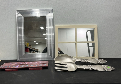 (2) Framed Mirrors (1) Laundry Room Decor Piece (2) Silverware Decor Items