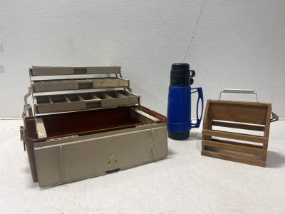 (1) Plano Molding Co. Tackle Box, (1) Aladdin Blue Thermos (1) Wooden Basket With Bottle Opener