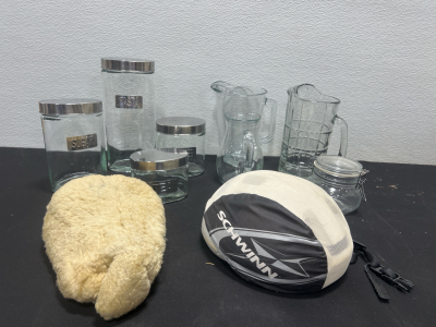 Assorted Glass Kitchen Organizers- With Labels, Schwinn Helmet And More!