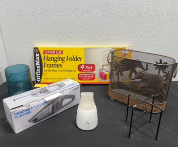 Assorted Home Items- Handheld Vacuum Cleaner, OfficeMax Letter Size Handing Folder Frames, Yankee Candle Scent Diffuser And More