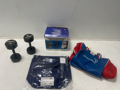 (1) Bosch Extrusion Shredder (2) 10lb Dumbbell (1) TrueBrands Insulated Blue Bag (1) Ski Athalon Products Viking Ski Shop Bag Blue And Red