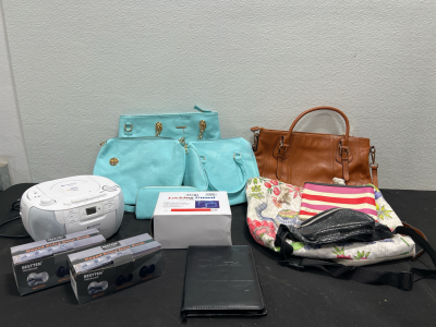 Assorted Purses- Unbranded, Etekess Radio And CD Player, Bestten Hardware Keyed Entry Door Knob, Lux Locking Gaurd For Thermometers