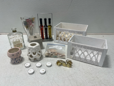 Assorted Home Decor Items- White Wooden Wicker Baskets, Candle Holder, Vases, And More!