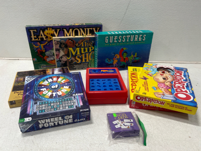 Assorted Board Games- Easy Money, The Muppet Show, Guesstures, Wheel Of Fortune, Operation And More