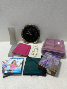 Assorted Home Items- Dinner Platters, Clock, Vase, Journal, Movies and more