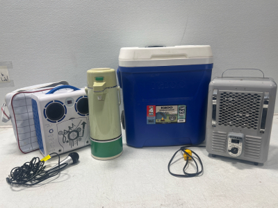 (1) Igloo Wheeled Cooler 60 Quarts (1) Titan Utility Space Heater (1) The Singing Machine With Wired Microphone (1) Zojirushi Metal Coffee Pump