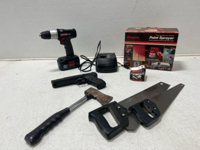 Assorted Tools, Craftsman Electric Drill With Charger, Burgess The Handyman Airless Paint Sprayer, Beeman P17 BB Gun With Copperhead BBs And More
