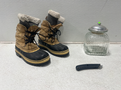 (1) Pair Of Sorrel Boots Size 9 (1) Glass Jar (1) Retractable Knife