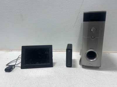 (1) Binaura- 120w Home Theater System- No Speaker (1) Arris Sbg6580 Surfboard Docsis 3.0 Cable Modem Router And (1) 7 Inch Smart WiFi Digital Picture Frame