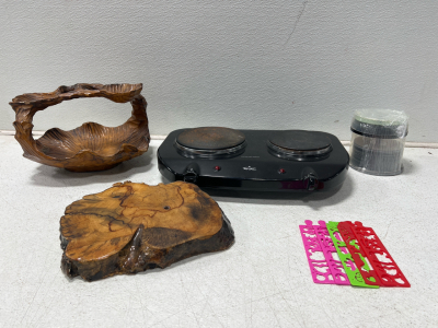 (1) Rival Portable Electric Cook Top (2) Wooden Home Decor Items, CDs And More