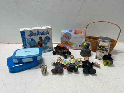 (1) Blue Narwhal Pool Tube (1) Rainbow Lounge Pool Tube (2) Bentgo Blue Lunch Box (1) Skull Snow Glove (1) Vintage Mels American Diner Since 1941 And More