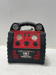 5-in-1, battery charger, quick jump start, inverter with 2 outlets, air compressor, 4 spot lights, USB charging