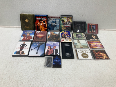 (10) Assorted Movie DVDs, (9) Assorted Music CDs, (2) VHS Tapes, (2) Cassette Tapes