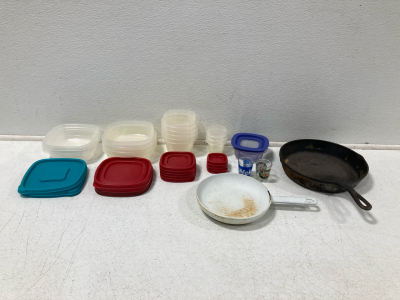 (16) Plastic Containers w/Lids, (2) Cooking Pans, (2) Shot Glasses