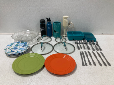 Silverware, (10) Tupperware w/Lids, (6) Plates, (4) Pot Lids, (2) Water Bottles, Braun Multipractic Hand Blender & More