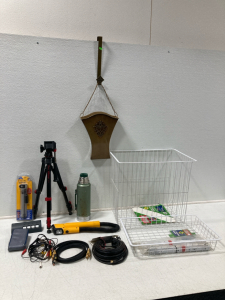 (2) Camera Tripods, Thermos, (2) Wire Baskets, Other Electronics