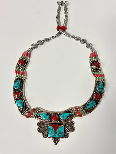 Large Beautiful Turquoise and Red Coral Statement Necklace