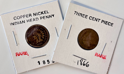 Rare 1866 Three Cent Coin and Rare 1859 Copper Nickel Indian Head Penny