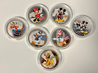 (7) Mickey Mouse And Friends Silver Toned Collector Coins