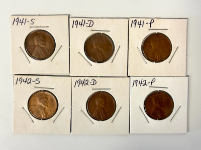 (6) Vintage Lincoln Head Wheat Cents Dated 1941-1942