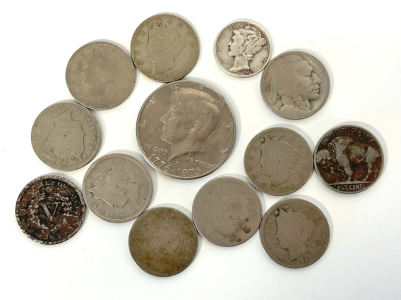 Vintage Coins: Kennedy Half Dollar, Buffalo Nickels and Dime