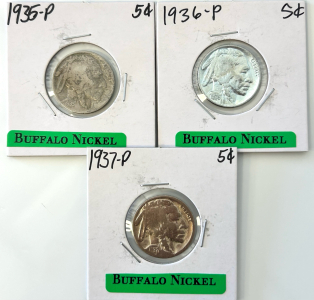 (3) Vintage Buffalo Nickels: 1935, 1936, 1937