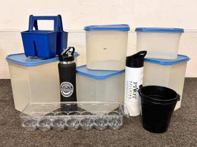 (5) Plastic Storage Containers, (2) Tall Cups, (2) Plastic Mini Buckets, and (2) Organizers