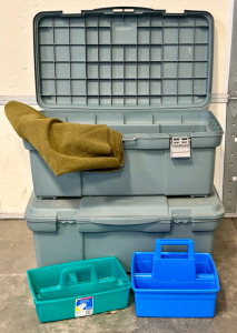 (2) Rubbermaid Storage Containers, Vintage Wool Army Blanket, and (2) Organizers