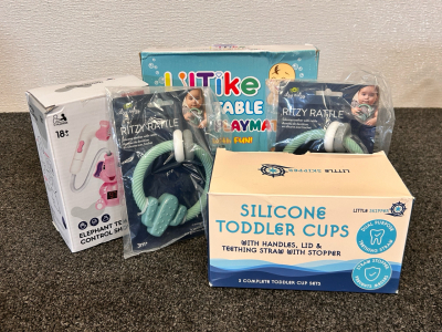 Lil tike Inflatable Water Playmat, Pair of Ritzy Rattles, Elephant Temperature Control Shower, and Silicone Toddler Cups