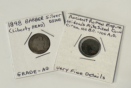 Ancient Roman Empire Widows Mite Sized Coin and 1898 Barber Liberty Head Silver Dime