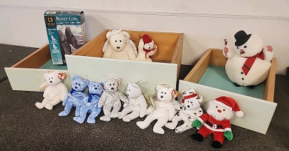3 Dresser Drawers.. 10 Beanie Baby Stuffed Animals.. 1 Musical Revolving Snowman.. Bucket Seat Covers..