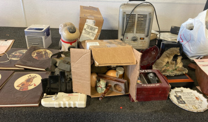 Patton Portable Heater, Polaroid Sun 600, Leather Books, & Small Decor Items