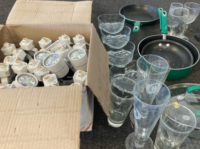 Assorted Pots, Track Lighting, & Decorative Glass Cups And Bowls