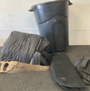 Coleman Sleeping Bag, Small Saw, Instrument Case, & Trash Can