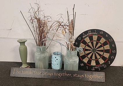 Decorative Vases... Wall Decor.. "Family That Prays Together, Stays Together.. Vintage Steel Tip Dart Board..