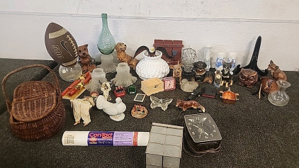Various Vintage Nicknacks ... Ceramic Dogs .. a Mini Wicker Picnic Basket.. Light Sconces..Ornamental Plate Stands .. Unique Spur Western Ashtray... and More..