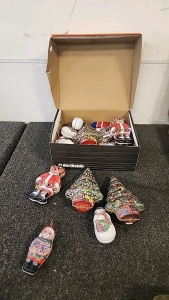 Vintage Japanese Silk Art Print(Circa WWII) AAA First Aid and Travel Kit.. Camo Backpack.. Hard Case with Egg Crate Foam.. Various Christmas Candy Tins...