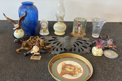 Butterfly Metal Sign, Cat Plate, Oil Lamp, Blue Vase, And More
